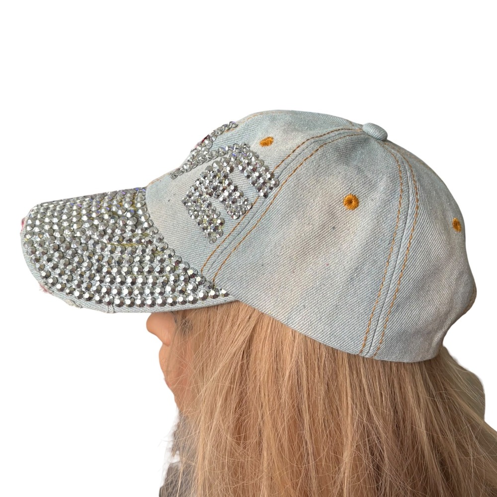 Y2K LOVE Rhinestone Lip Denim Baseball Cap Light Wash Distressed Hat McBling - Picture 4 of 10